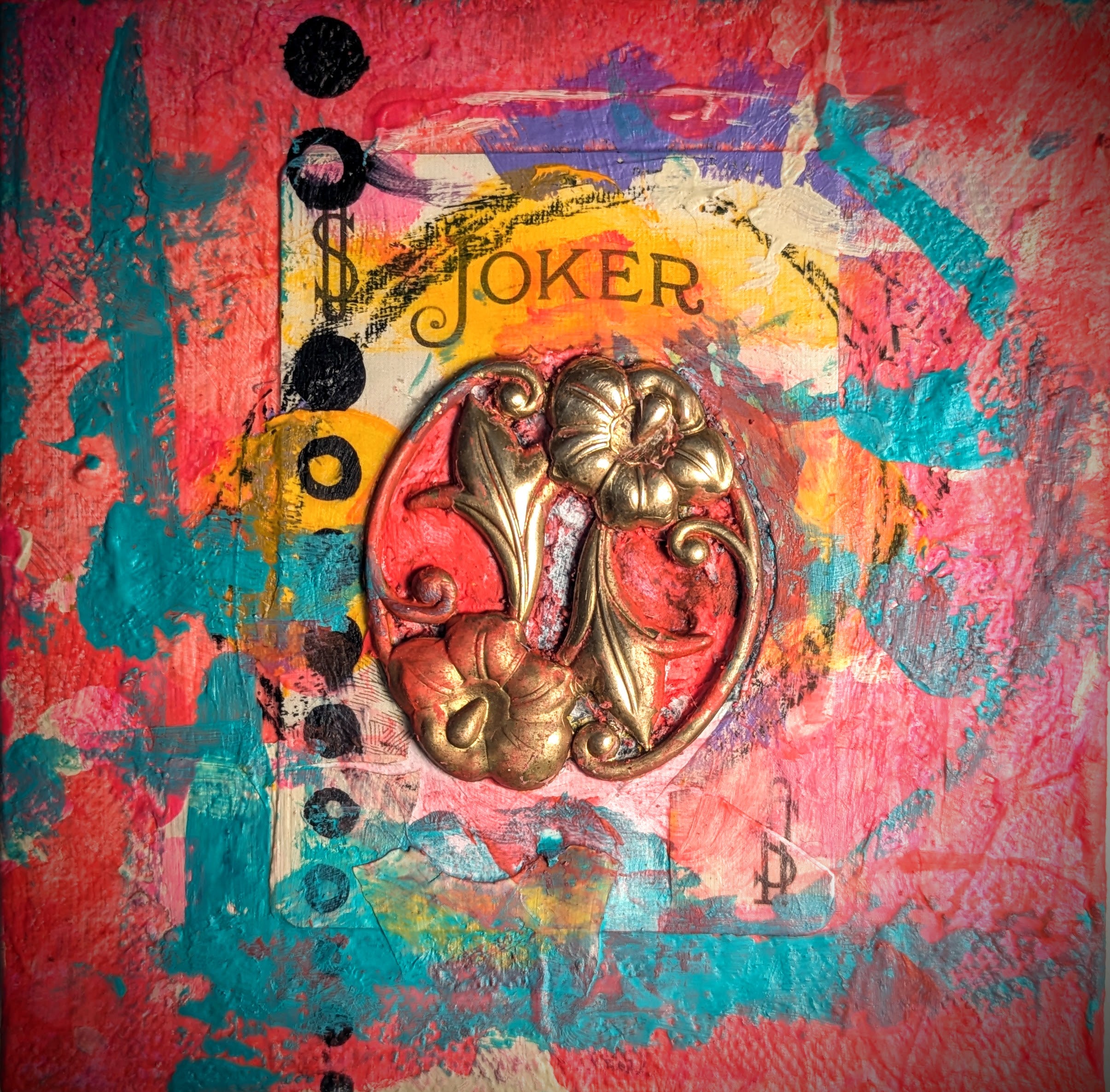 Colorful abstract art with 'JOKER' text and decorative elements on a textured background.